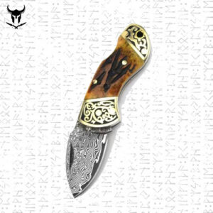 Folding Nordic Damascus Steel Knife with Hand-Carved Pure Brass Handle